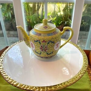 Vintage Small Asian Yellow Porcelain Longevity Teapot w/Lid Excellent Condition